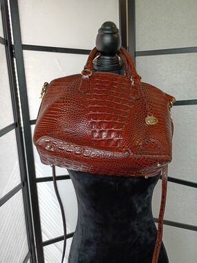 Brahmin Croc-Embossed Satchel in Rich Chestnut Brown